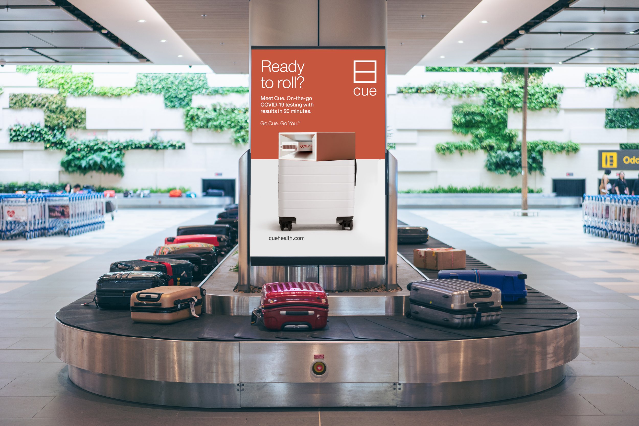 Blank advertising billboard with baggage and luggage in the international airport